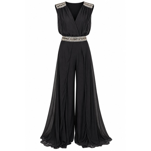 Haute Hippie Pants - Haute Hippie Jumpsuit 4 Black Silk Beaded Wide Leg Boho Luxe Y2K Formal Glam